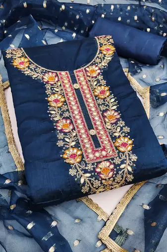  blue embroidery chanderi cotton dress material 