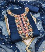  blue embroidery chanderi cotton dress material 
