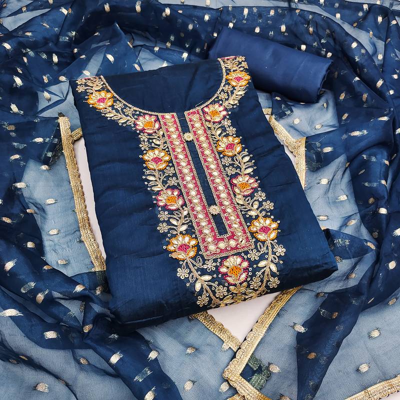  blue embroidery chanderi cotton dress material 