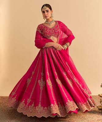 pink embroidered raw silk lehenga choli set with dupatta 1
