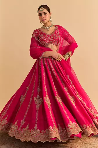 pink embroidered raw silk lehenga choli set with dupatta