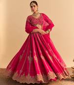 pink embroidered raw silk lehenga choli set with dupatta