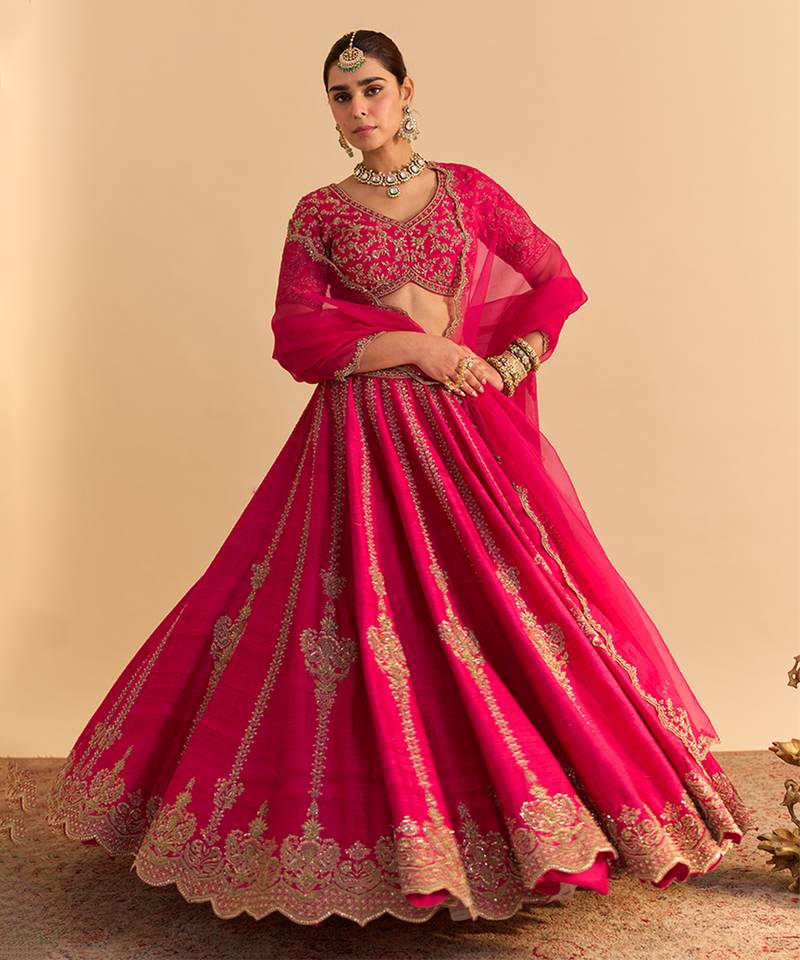 pink embroidered raw silk lehenga choli set with dupatta