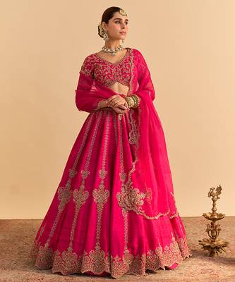 pink embroidered raw silk lehenga choli set with dupatta 2