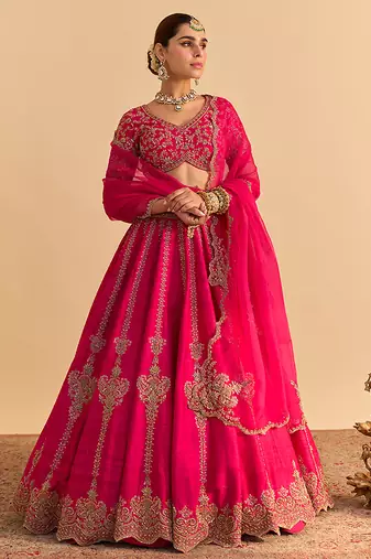 pink embroidered raw silk lehenga choli set with dupatta