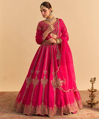 pink embroidered raw silk lehenga choli set with dupatta 3