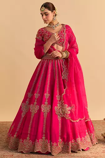 pink embroidered raw silk lehenga choli set with dupatta