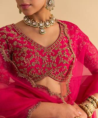 pink embroidered raw silk lehenga choli set with dupatta 4