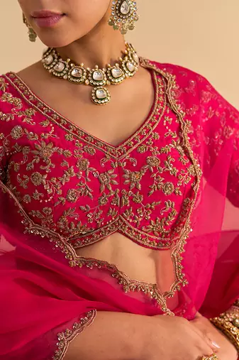 pink embroidered raw silk lehenga choli set with dupatta