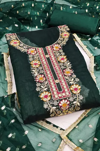  green embroidery chanderi cotton dress material 