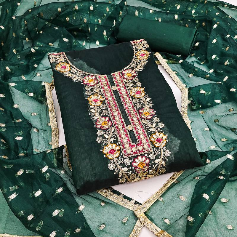  green embroidery chanderi cotton dress material 