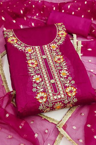  magenta embroidery chanderi cotton dress material 