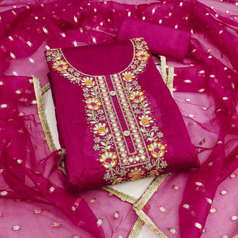  magenta embroidery chanderi cotton dress material 