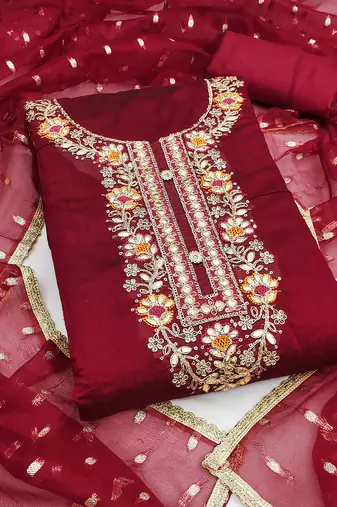  maroon embroidery chanderi cotton dress material 