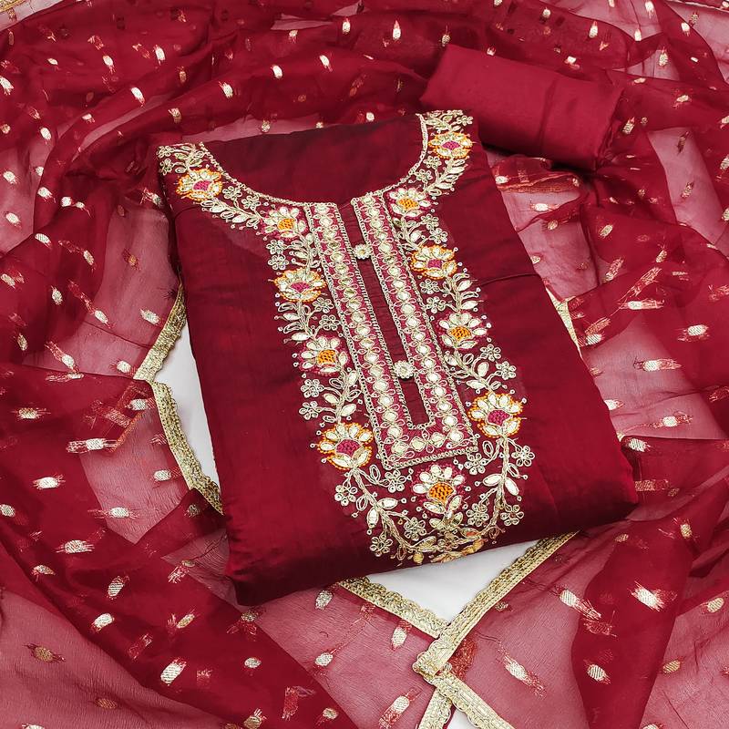  maroon embroidery chanderi cotton dress material 