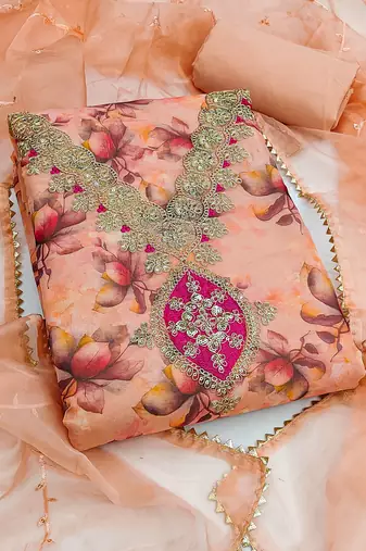  peach embroidery print organza dress material 