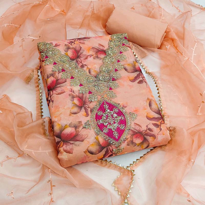  peach embroidery print organza dress material 