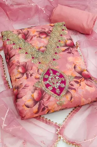  pink embroidery print organza dress material 