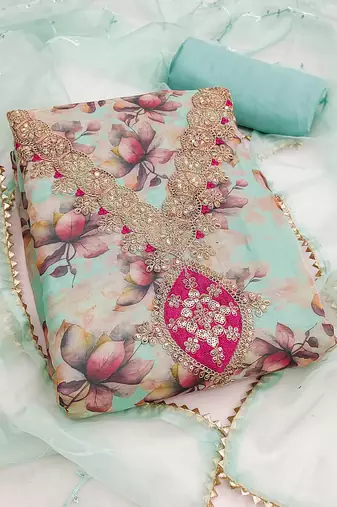  sea green embroidery print organza dress material 