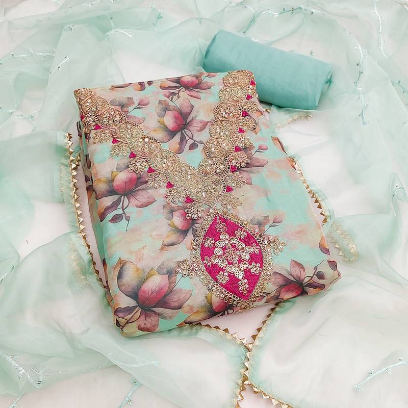  sea green embroidery print organza dress material 