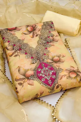  yellow embroidery print organza dress material 