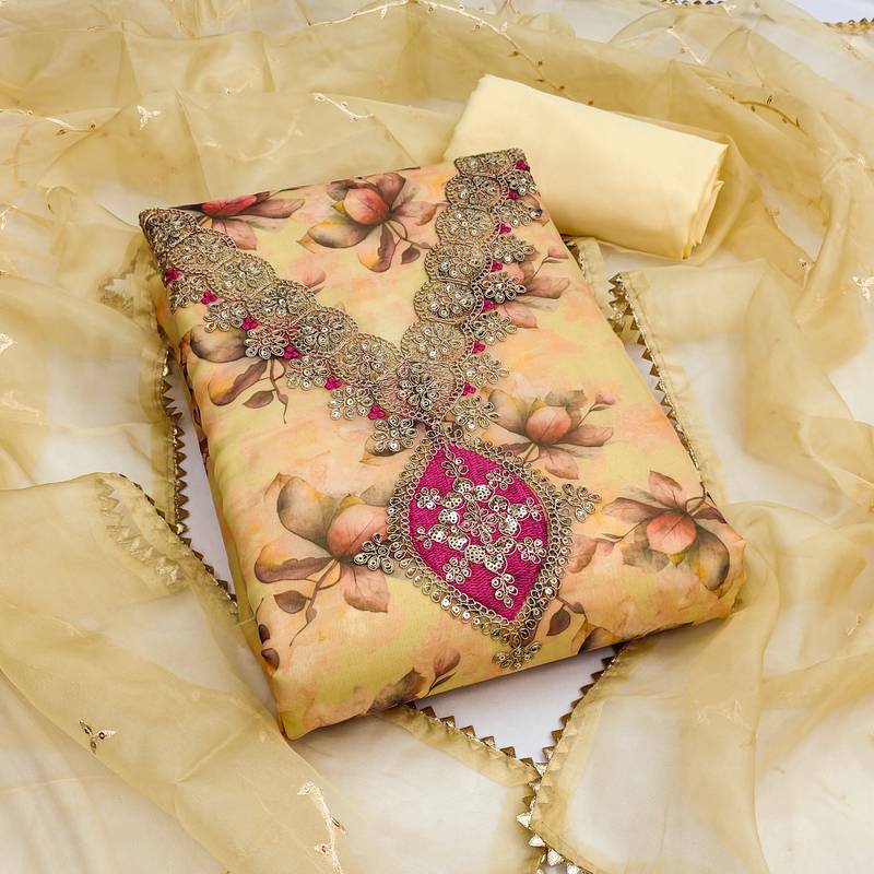  yellow embroidery print organza dress material 