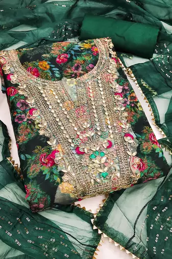  green embroidery print organza dress material 