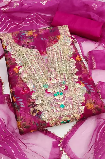  magenta embroidery print organza dress material 