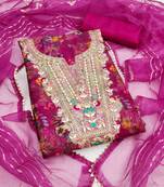  magenta embroidery print organza dress material 