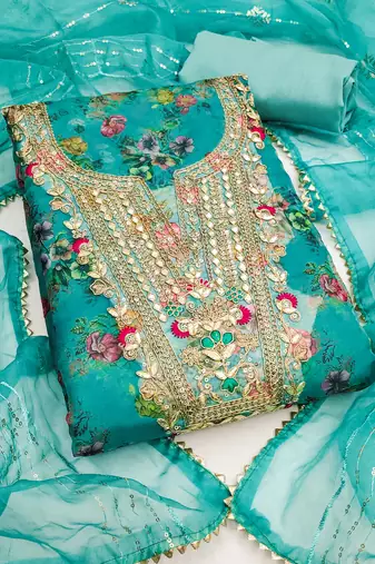  sea green embroidery print organza dress material 