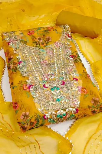  yellow embroidery print organza dress material 
