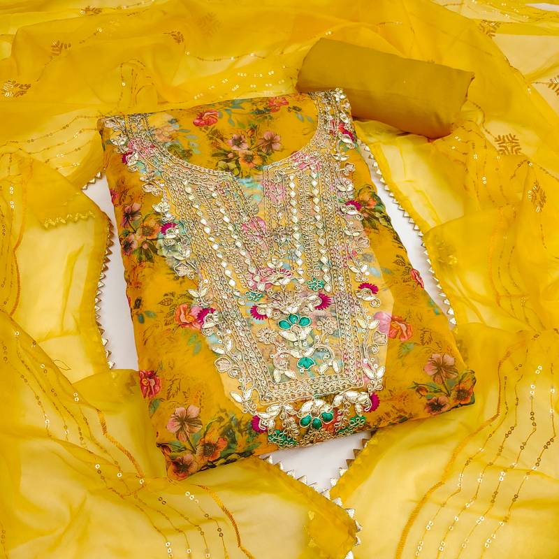  yellow embroidery print organza dress material 