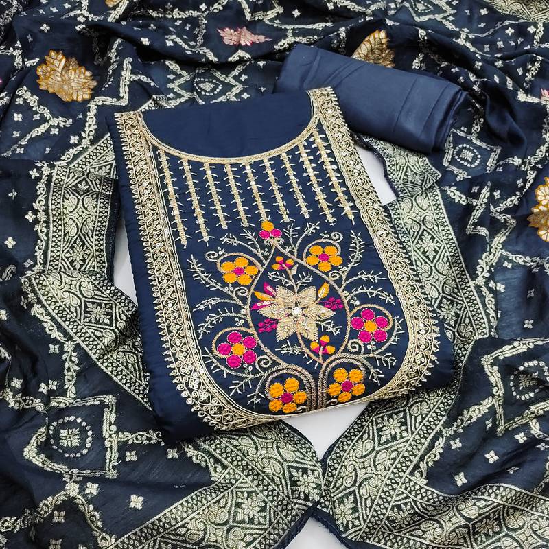  blue embroidery roman silk dress material 