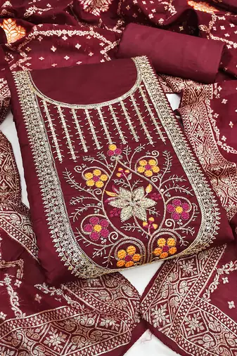  maroon embroidery roman silk dress material 
