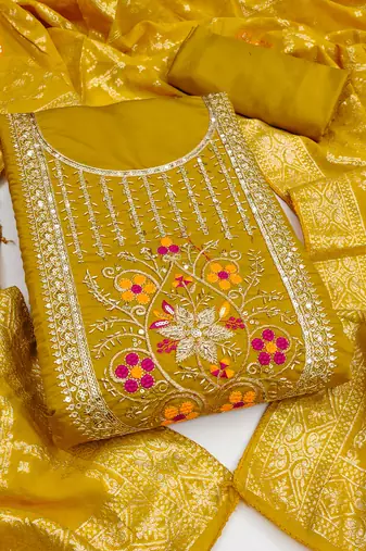  mustard embroidery roman silk dress material 