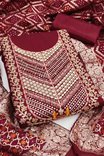  maroon embroidery roman silk dress material 