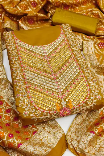  mustard embroidery roman silk dress material 