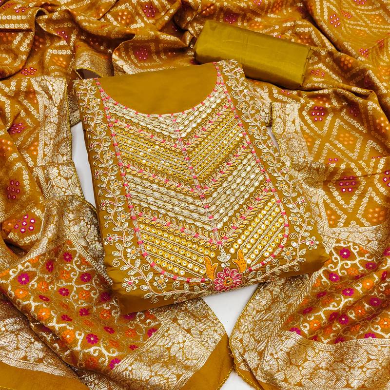 mustard embroidery roman silk dress material 