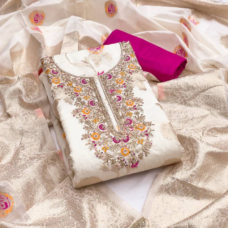  white weaving handwork silk dress material 