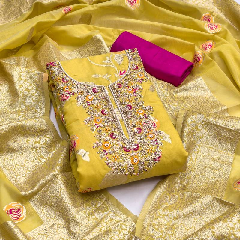  yellow weaving handwork silk dress material 