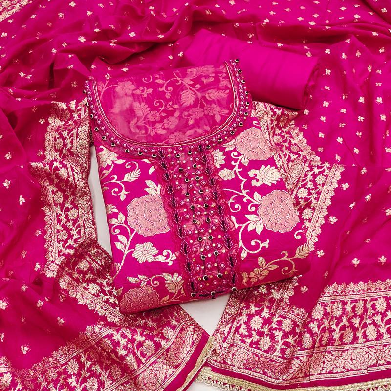  pink weaving handwork jacquard dress material 