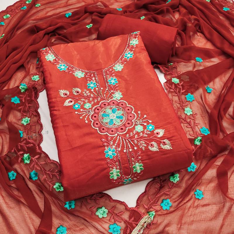  rust heavy embroidery viscose dress material 