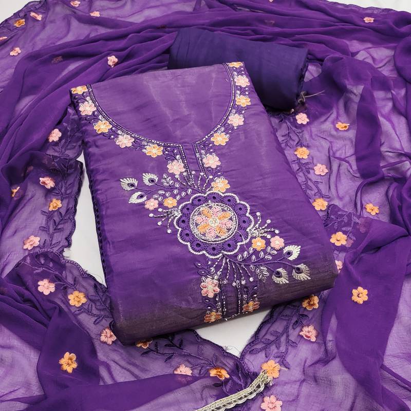  purple heavy embroidery viscose dress material 