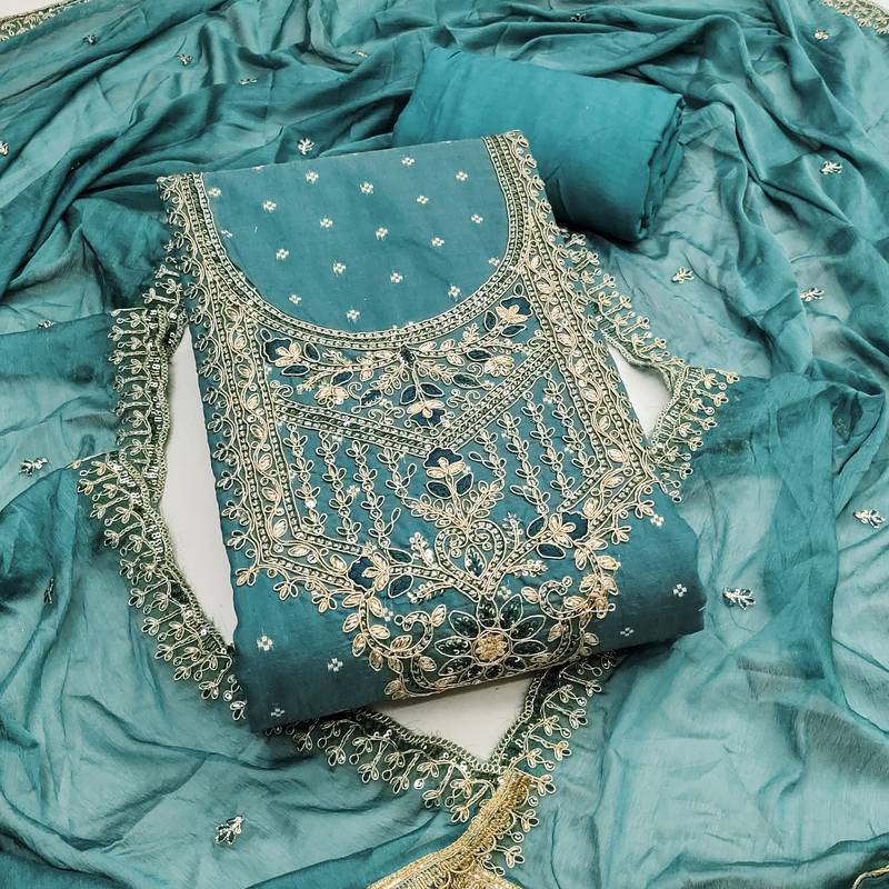 designer sea green embroidered modal dress material