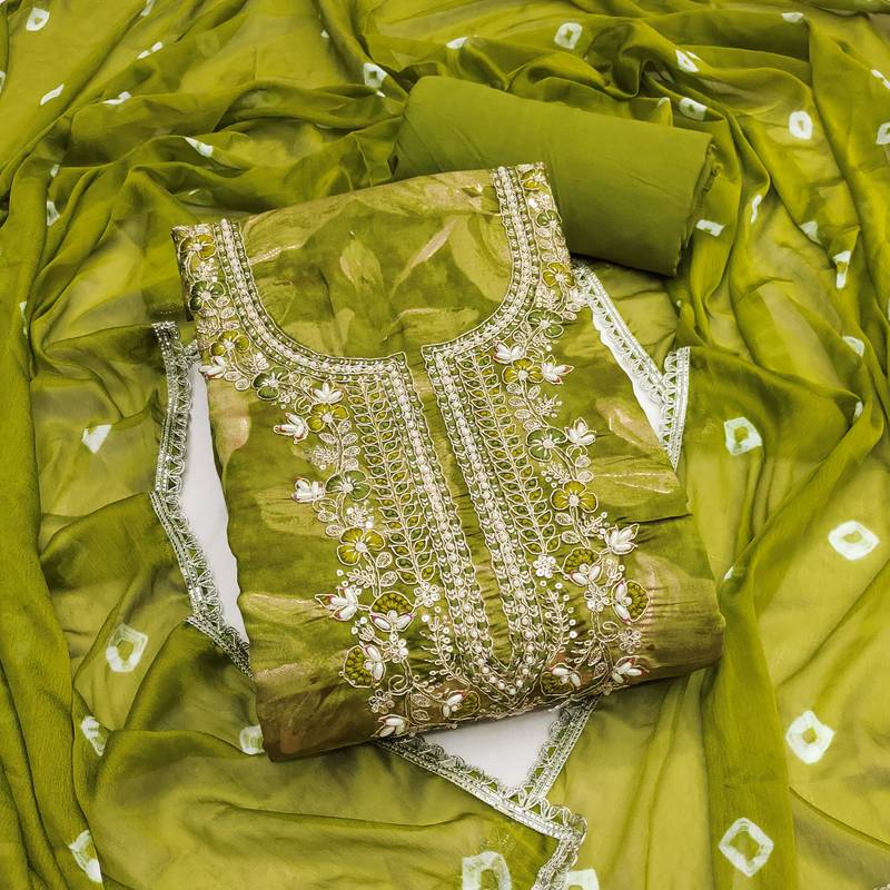 designer green handwork cotton silk dress material