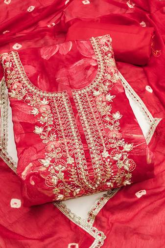 designer red handwork cotton silk dress material 