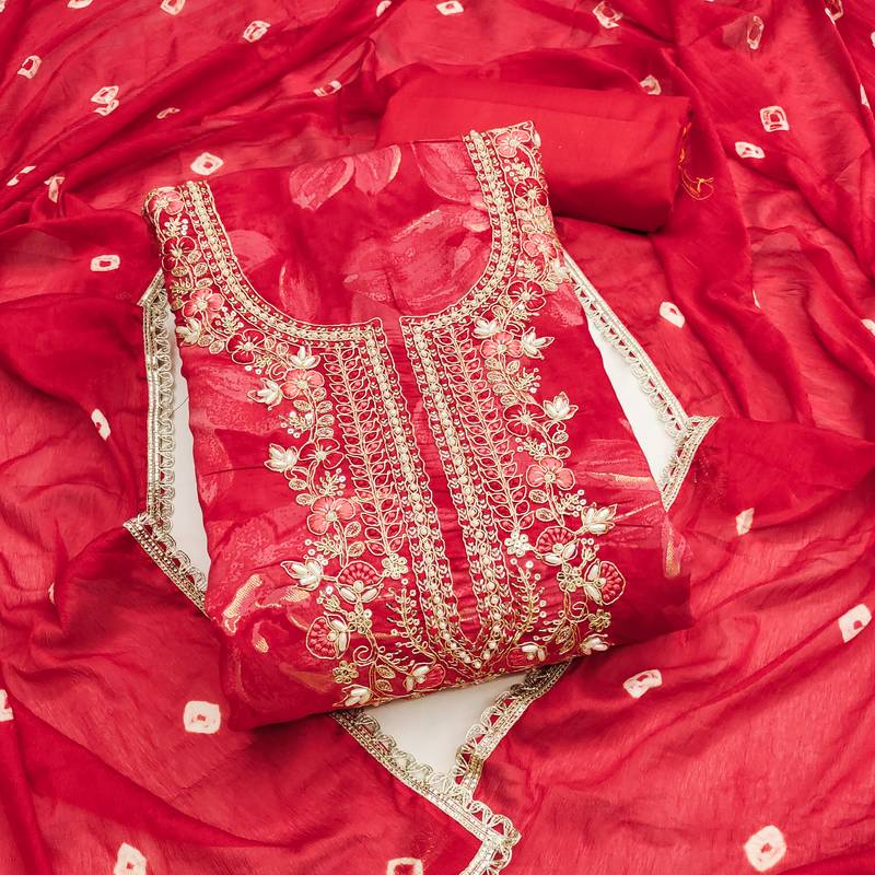 designer red handwork cotton silk dress material 