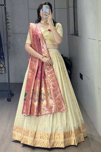 gajri paithani silk lehenga choli set with gold zari weaving