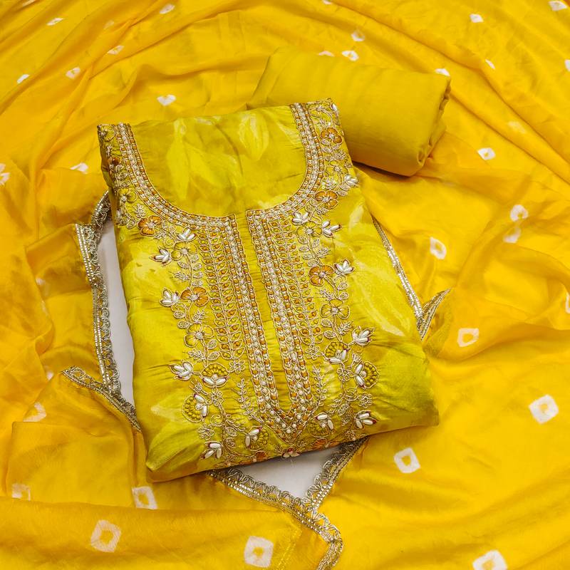 designer yellow handwork cotton silk dress material