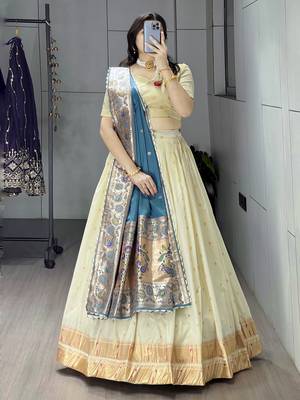 rama green paithani silk lehenga with zari weaving work 1